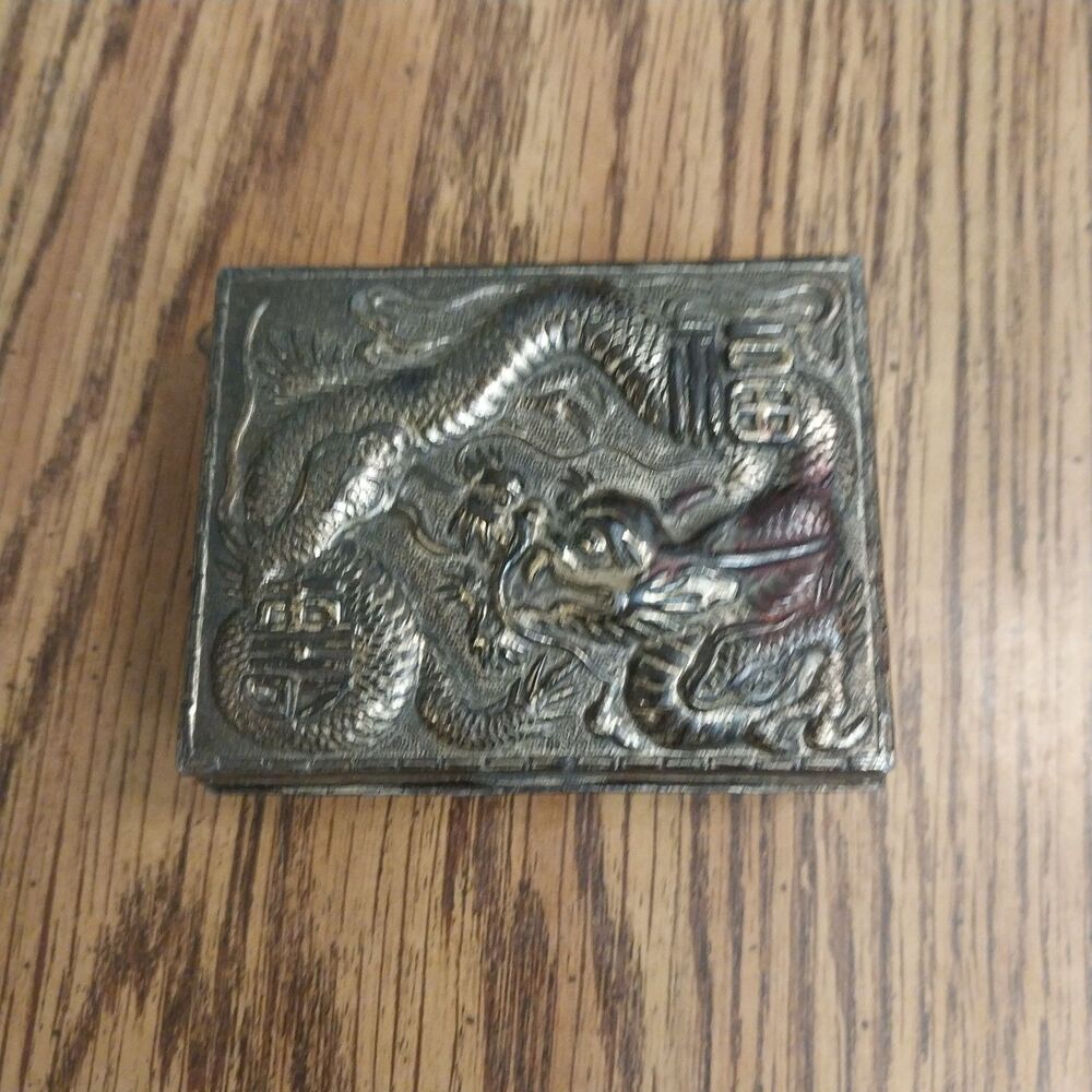 Vintage Ornate Silver Tone Trinket Box Wood Lined 3D Dragon Hinged Japan
